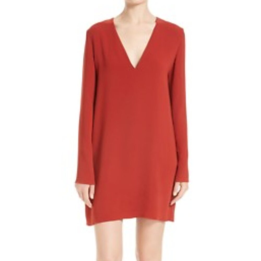 🔴 Theory Red Swing Dress V-Neck, Bell Sleeves Pockets Size Large Minamalist Lux